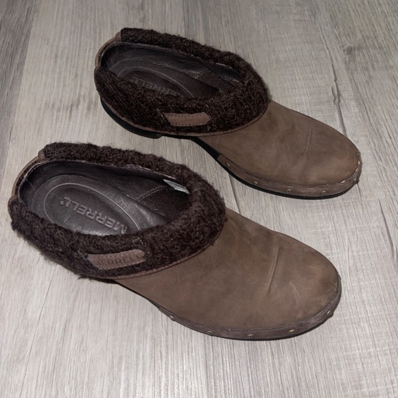 Merrell Brown Knit Lined Heeled Clog Slip On Shoes Size 6.5 - Picture 2 of 5